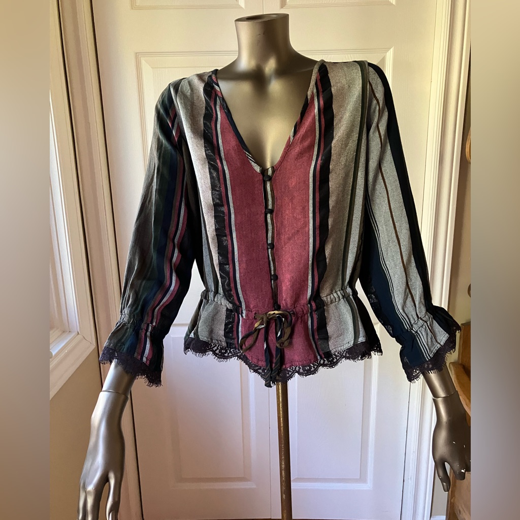 Buffalo Multi Stripe Blouse With Drawstring Wait And Ruffle Peplum.